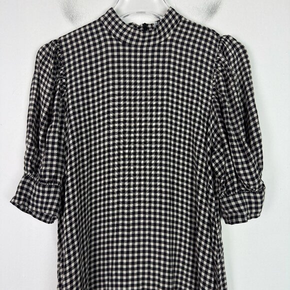GANNI Gingham Crepe Mini Dress Mock Neck Black White EU Size 38 US Size 6 EUC - Picture 3 of 14